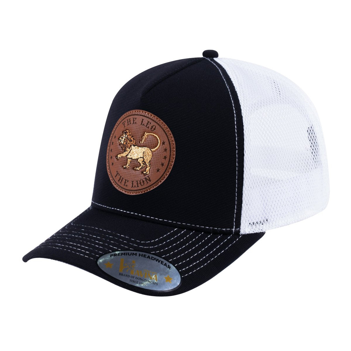 Unisex V2 Embroidered And Laser-Engraved Leo Zodiac (July 23, August 22), 5-Panel Trucker Hat, Black/White, Adjustable Fit