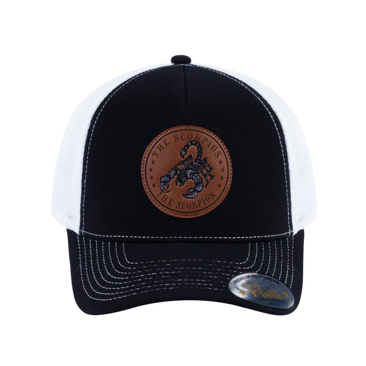 Unisex V2 Embroidered And Laser-Engraved Scorpius Zodiac (October 23, November 21), 5-Panel Trucker Hat, Black/White, Adjustable Fit