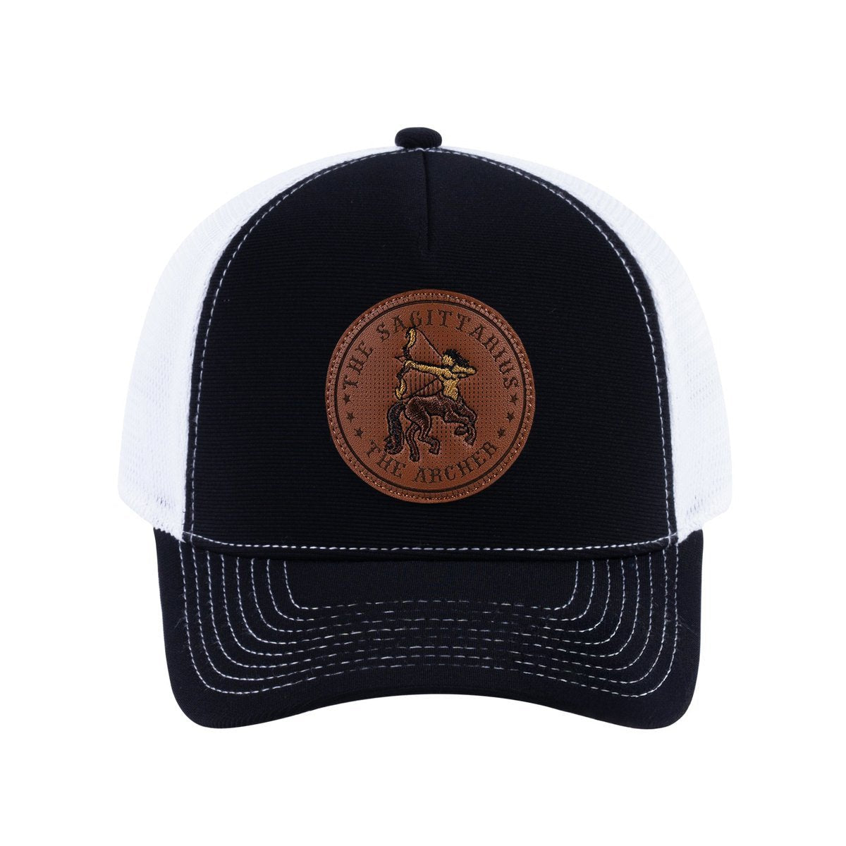 Unisex V2 Embroidered And Laser-Engraved Sagittarius Zodiac (November 22, December 21), 5-Panel Trucker Hat, Black/White, Adjustable Fit