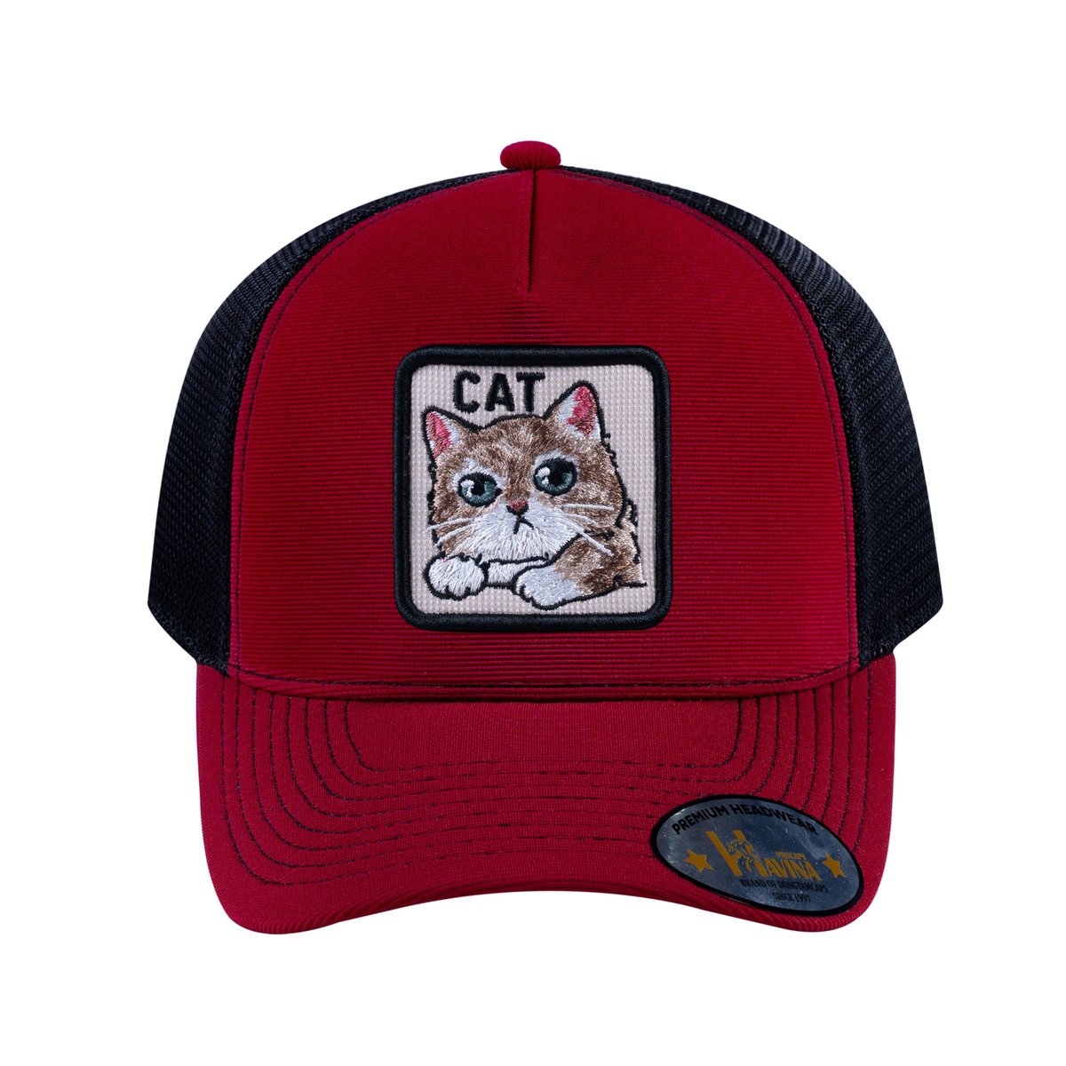 Unisex V2 Embroidered The Cat, 5-Panel Trucker Hat, Burgundy/Black, Adjustable Fit