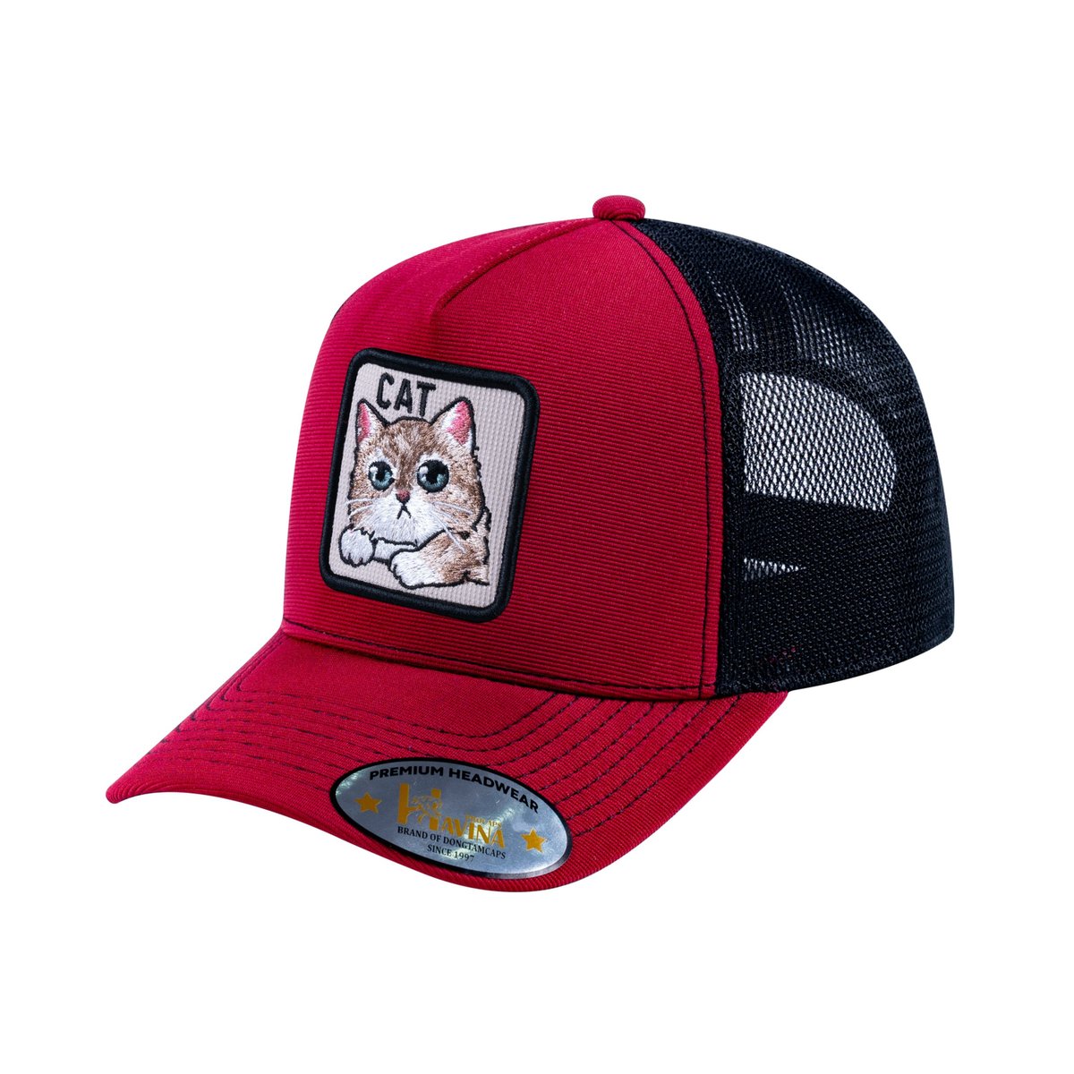 Unisex V2 Embroidered The Cat, 5-Panel Trucker Hat, Burgundy/Black, Adjustable Fit