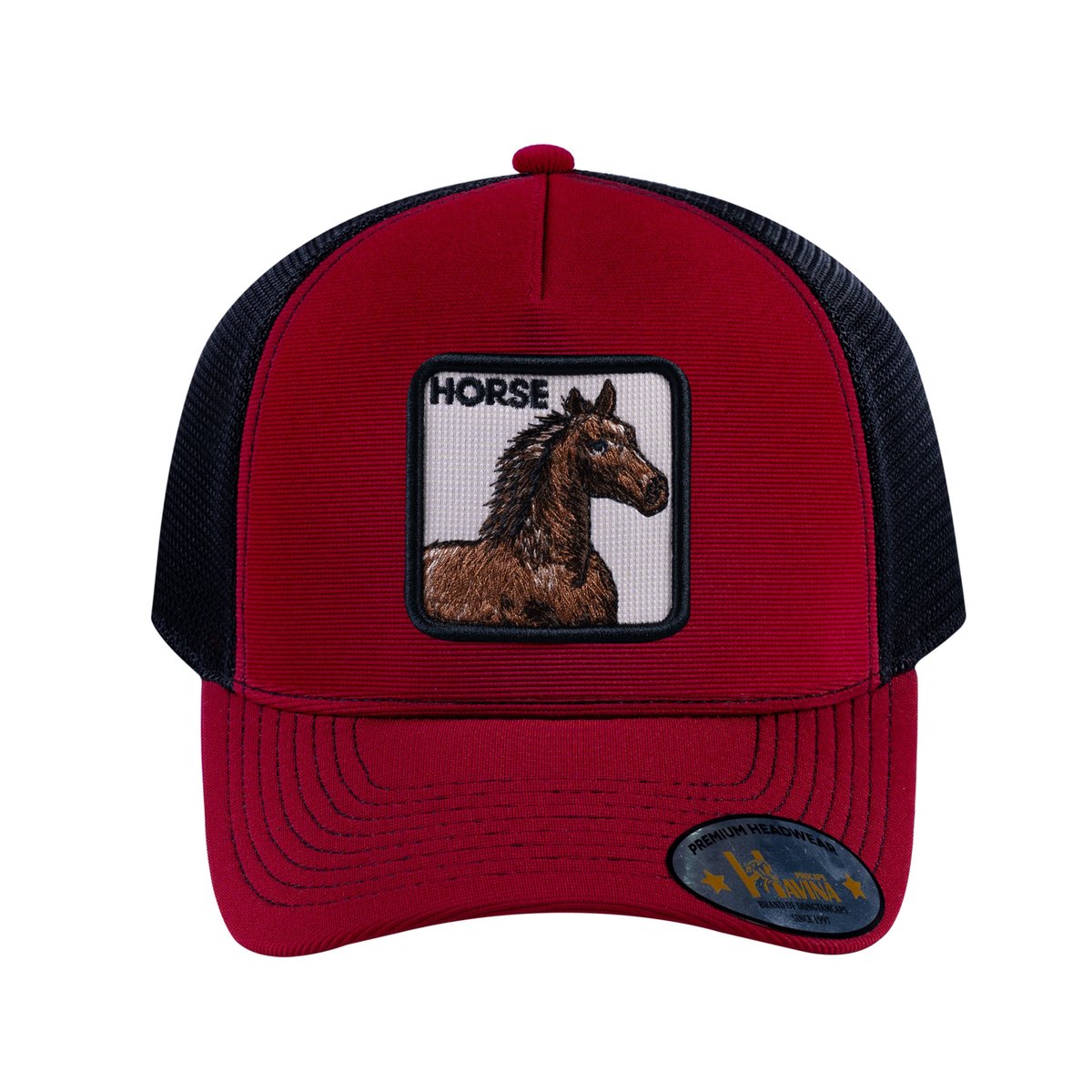 Unisex V2 Embroidered The Horse, 5-Panel Trucker Hat, Burgundy/Black, Adjustable Fit