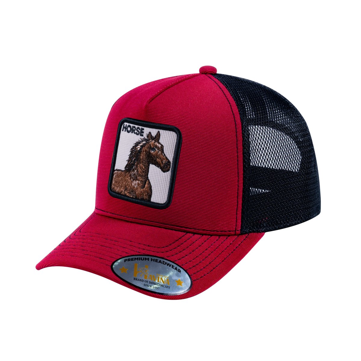 Unisex V2 Embroidered The Horse, 5-Panel Trucker Hat, Burgundy/Black, Adjustable Fit