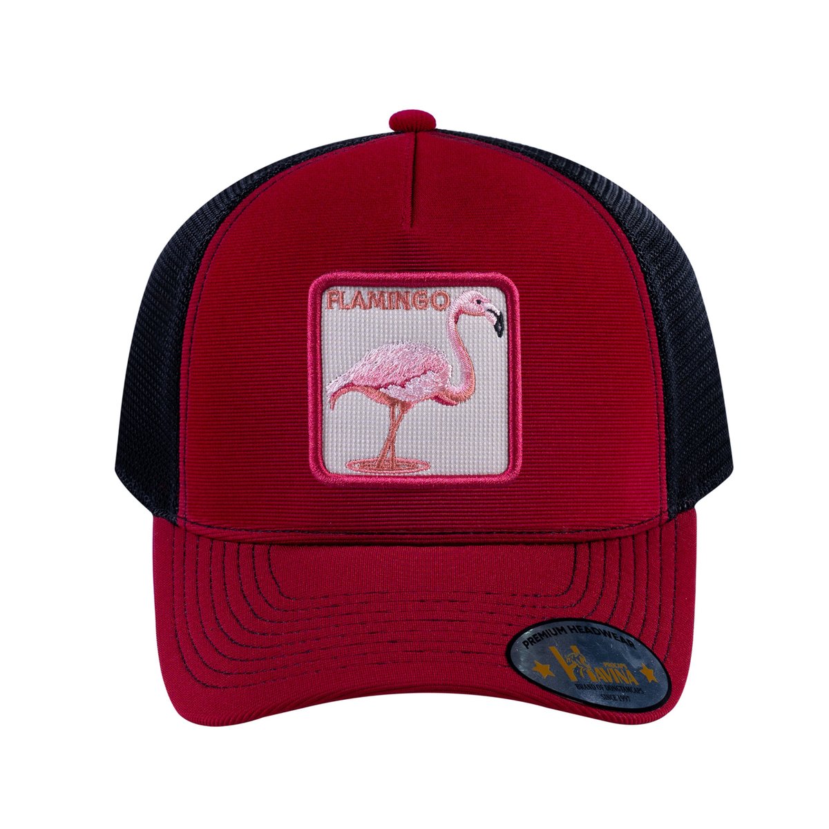 Unisex V2 Embroidered The Flamingo, 5-Panel Trucker Hat, Burgundy/Black, Adjustable Fit