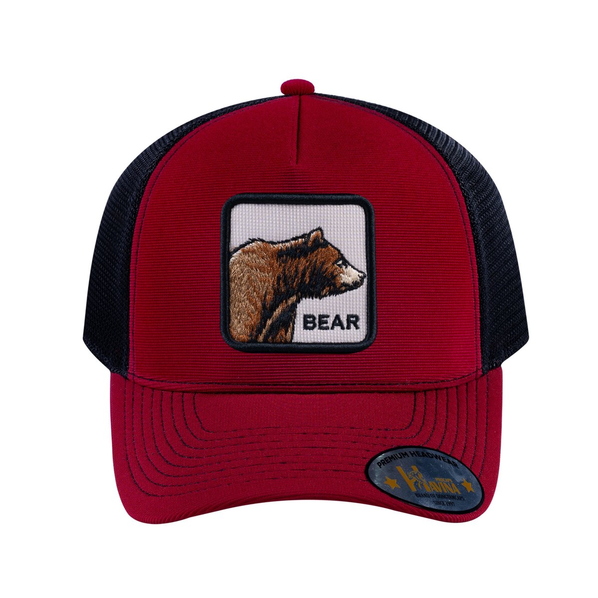 Unisex V2 Embroidered The Bear, 5-Panel Trucker Hat, Burgundy/Black, Adjustable Fit
