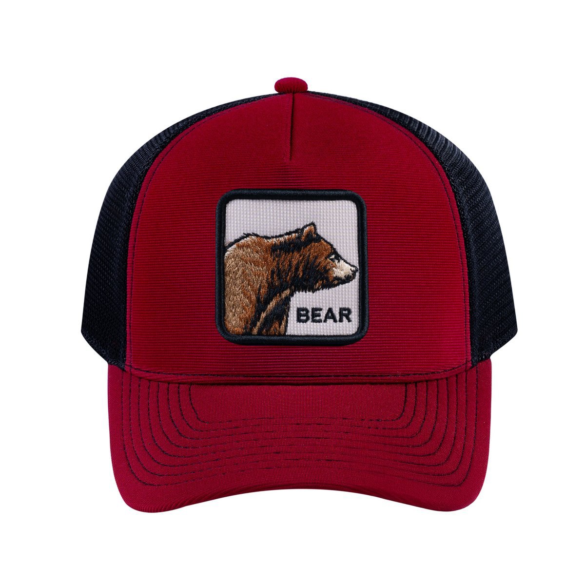 Unisex V2 Embroidered The Bear, 5-Panel Trucker Hat, Burgundy/Black, Adjustable Fit