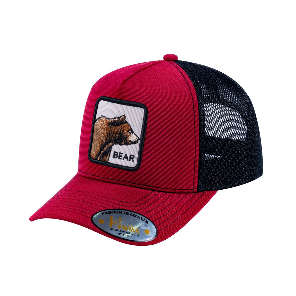 Unisex V2 Embroidered The Bear, 5-Panel Trucker Hat, Burgundy/Black, Adjustable Fit