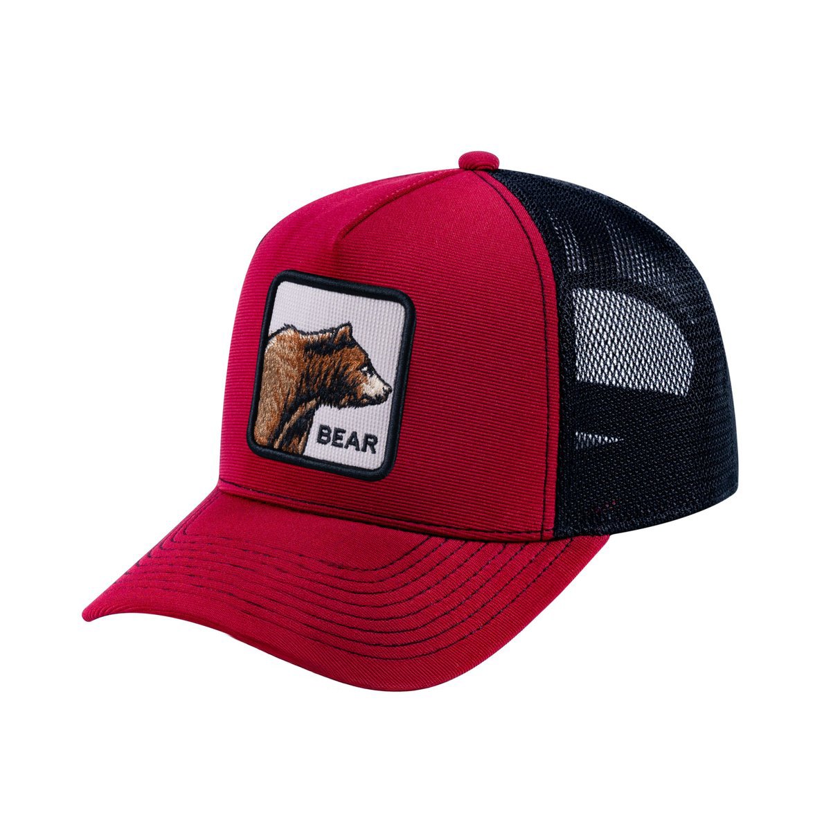 Unisex V2 Embroidered The Bear, 5-Panel Trucker Hat, Burgundy/Black, Adjustable Fit