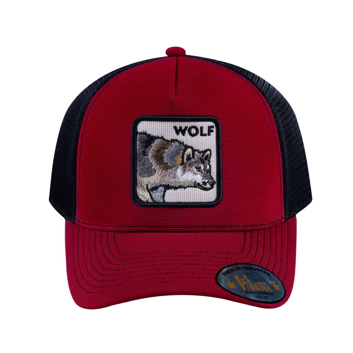 Unisex V2 Embroidered The Wolf, 5-Panel Trucker Hat, Burgundy/Black, Adjustable Fit