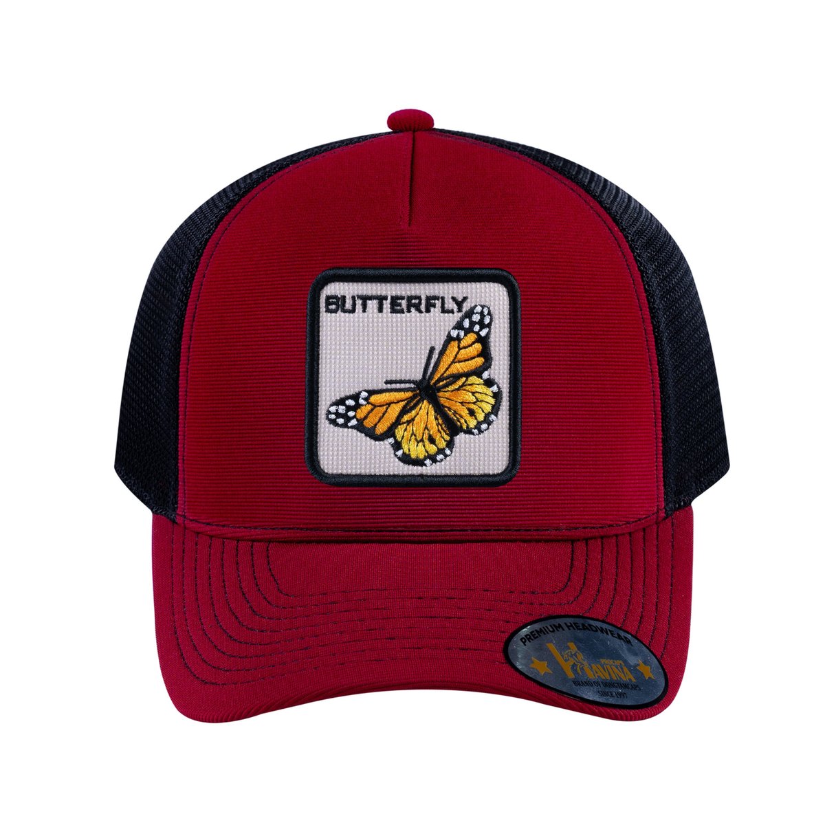 Unisex V2 Embroidered The Butterfly, 5-Panel Trucker Hat, Burgundy/Black, Adjustable Fit