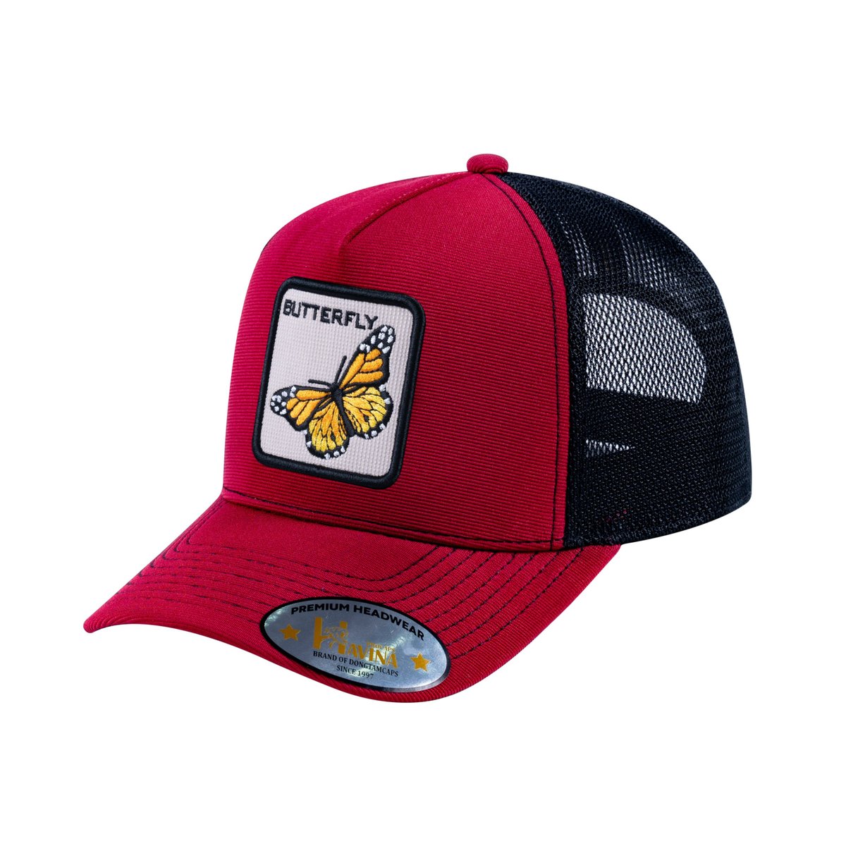 Unisex V2 Embroidered The Butterfly, 5-Panel Trucker Hat, Burgundy/Black, Adjustable Fit