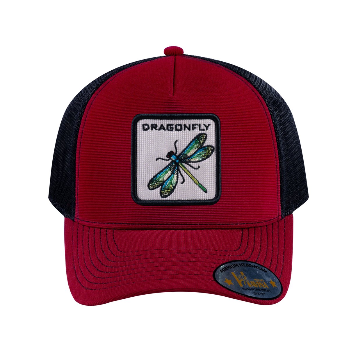 Unisex V2 Embroidered The Dragonfly, 5-Panel Trucker Hat, Burgundy/Black, Adjustable Fit