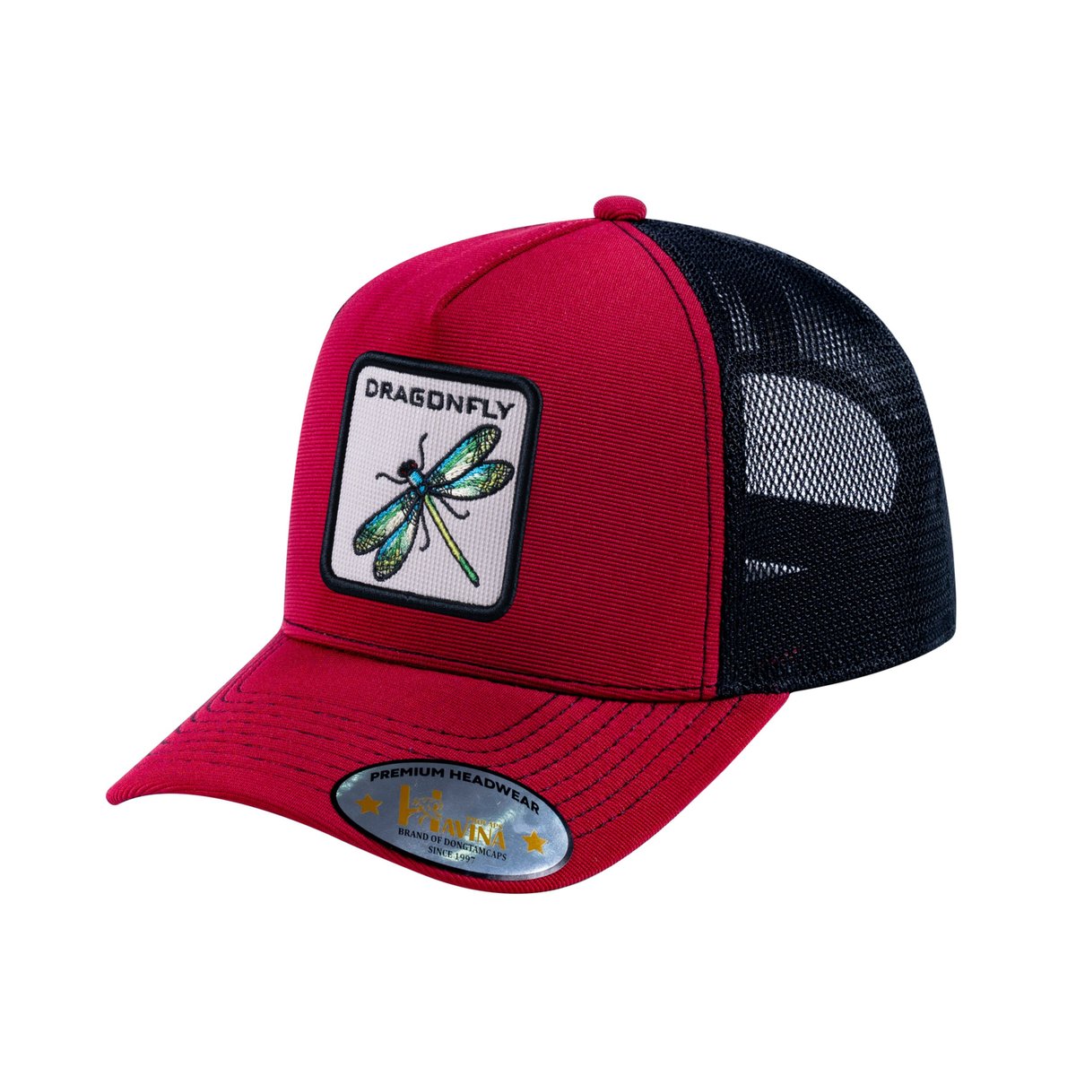 Unisex V2 Embroidered The Dragonfly, 5-Panel Trucker Hat, Burgundy/Black, Adjustable Fit