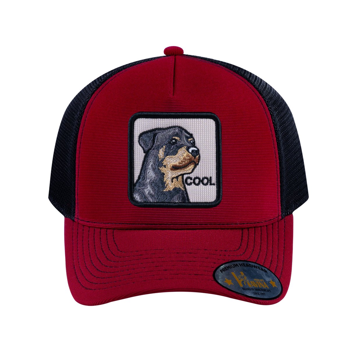 Unisex V2 Embroidered The Dog, 5-Panel Trucker Hat, Burgundy/Black, Adjustable Fit