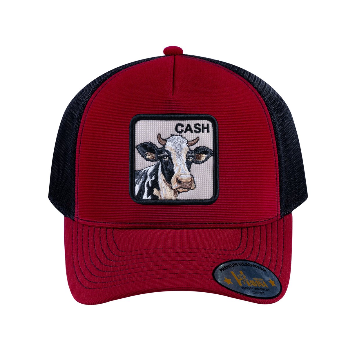 Unisex V2 Embroidered The Cow, 5-Panel Trucker Hat, Burgundy/Black, Adjustable Fit