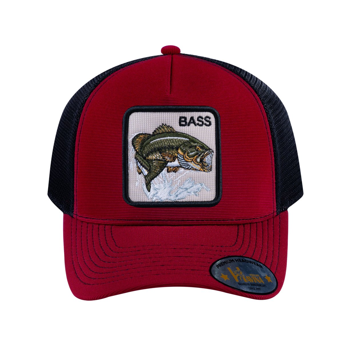 Unisex V2 Embroidered The Bass, 5-Panel Trucker Hat, Burgundy/Black, Adjustable Fit