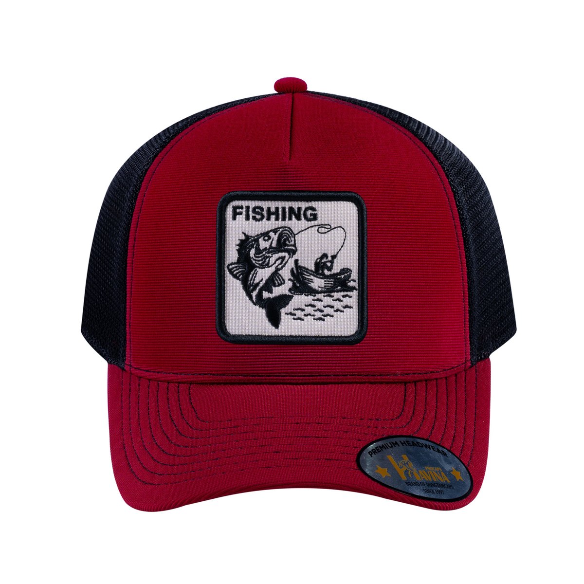 Unisex V2 Embroidered The Fishing, 5-Panel Trucker Hat, Burgundy/Black, Adjustable Fit