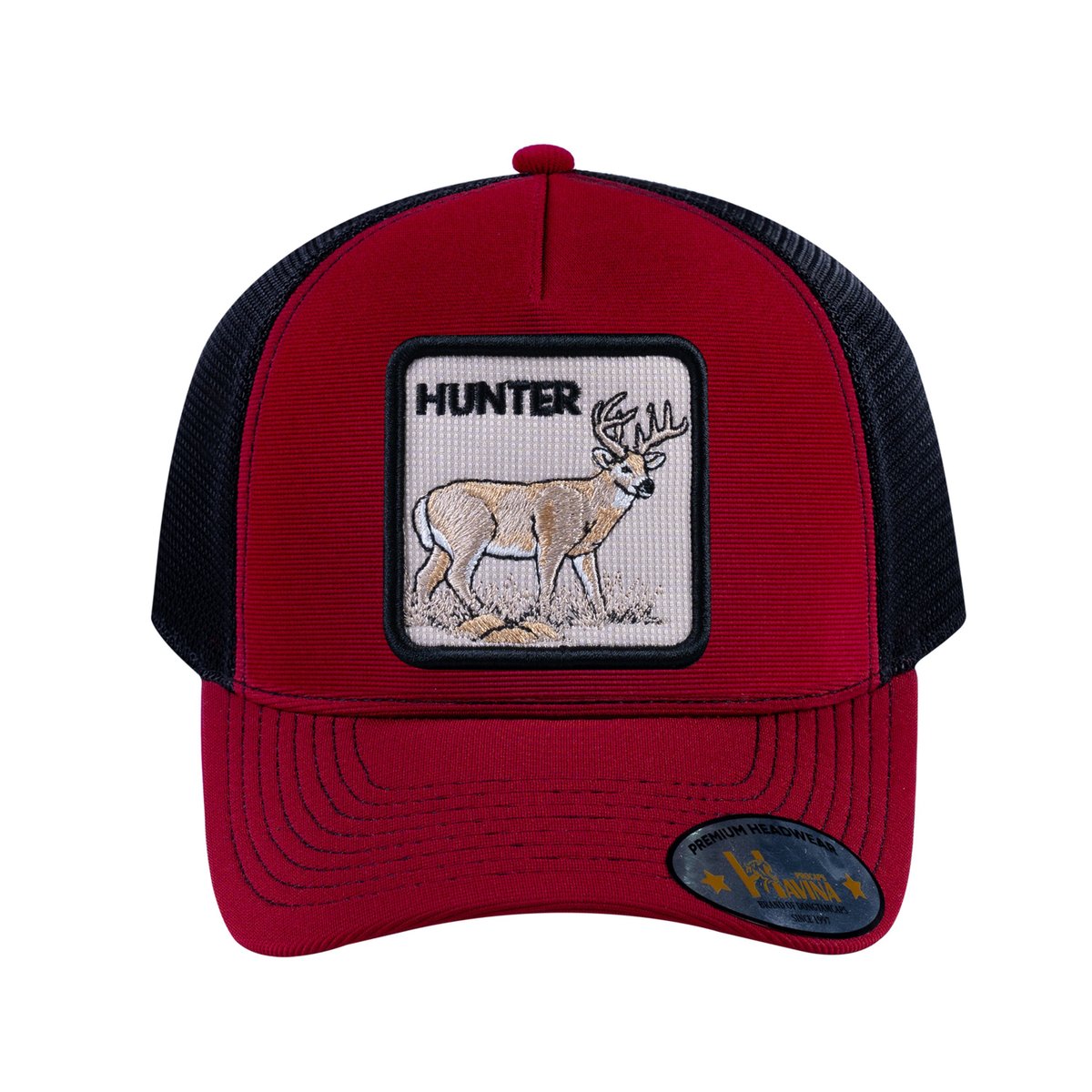Unisex V2 Embroidered The Hunter, 5-Panel Trucker Hat, Burgundy/Black, Adjustable Fit