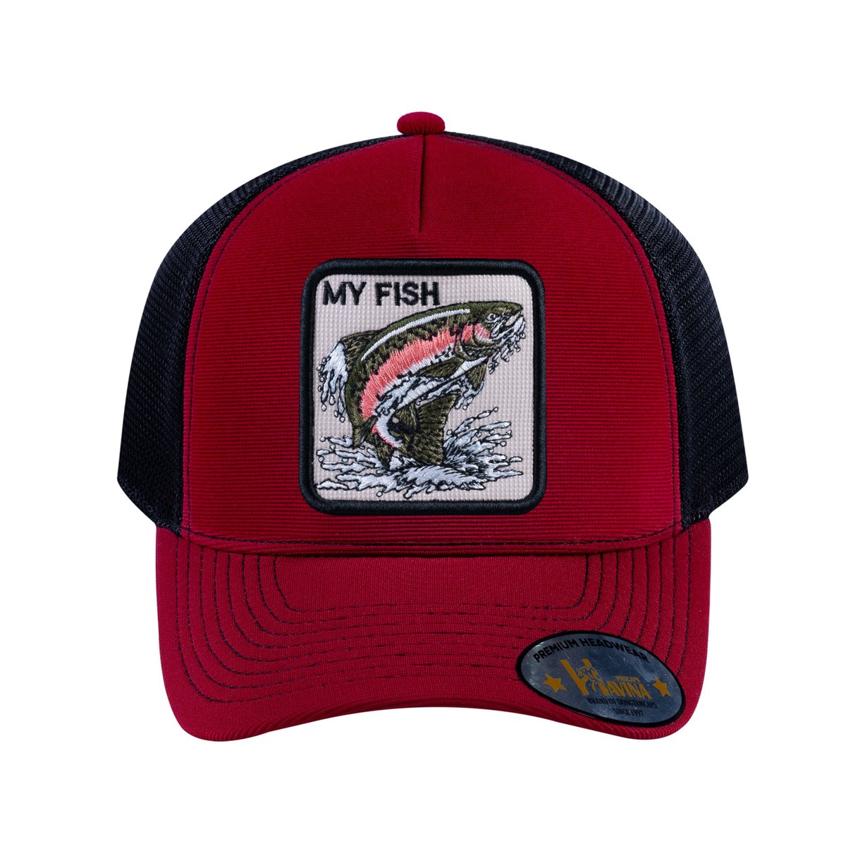 Unisex V2 Embroidered The Salmon, 5-Panel Trucker Hat, Burgundy/Black, Adjustable Fit