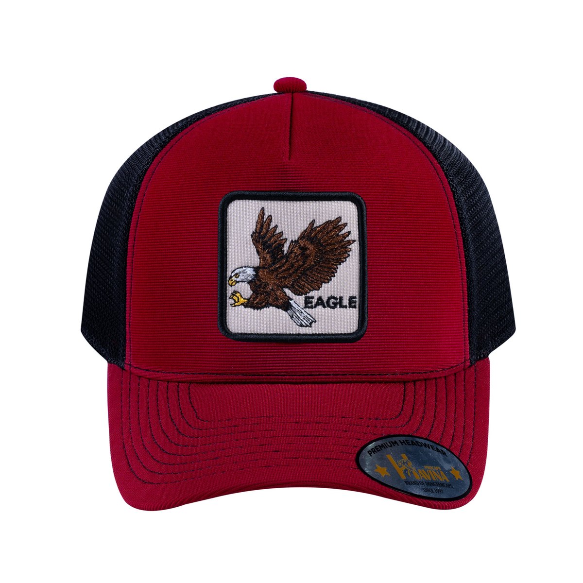 Unisex V2 Embroidered The Eagle, 5-Panel Trucker Hat, Burgundy/Black, Adjustable Fit