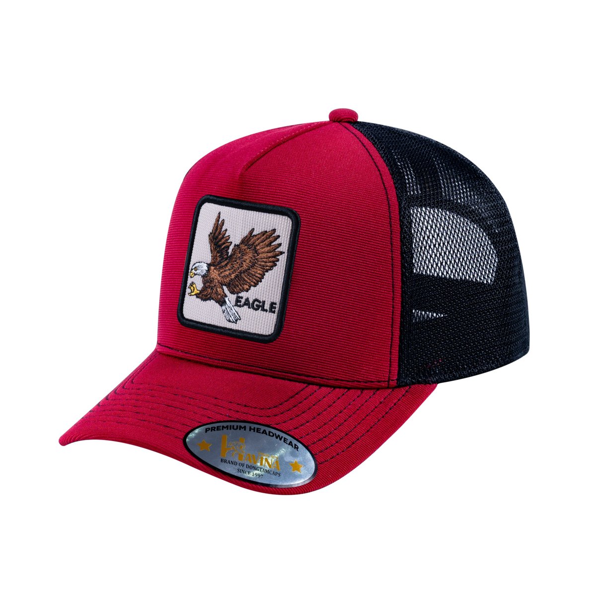 Unisex V2 Embroidered The Eagle, 5-Panel Trucker Hat, Burgundy/Black, Adjustable Fit