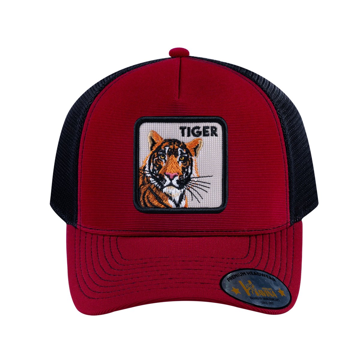 Unisex V2 Embroidered The Tiger, 5-Panel Trucker Hat, Burgundy/Black, Adjustable Fit