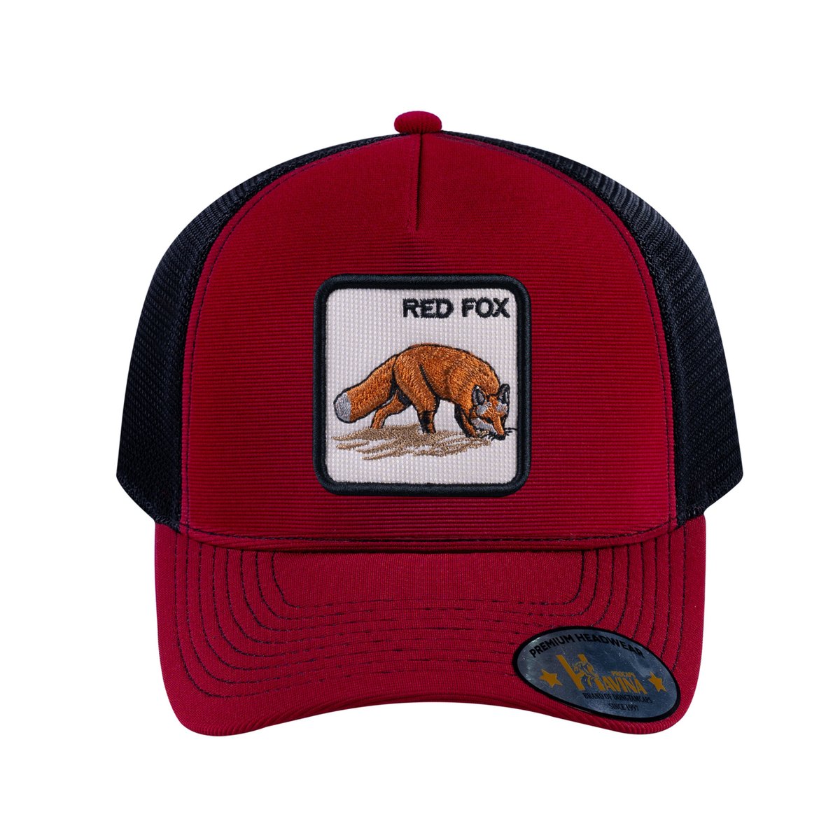 Unisex V2 Embroidered The Red Fox, 5-Panel Trucker Hat, Burgundy/Black, Adjustable Fit