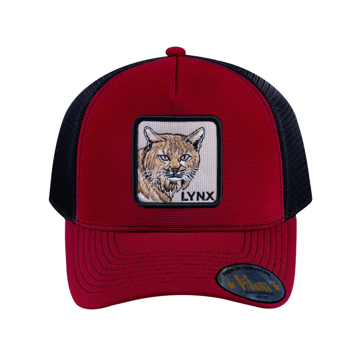 Unisex V2 Embroidered The Lynx, 5-Panel Trucker Hat, Burgundy/Black, Adjustable Fit