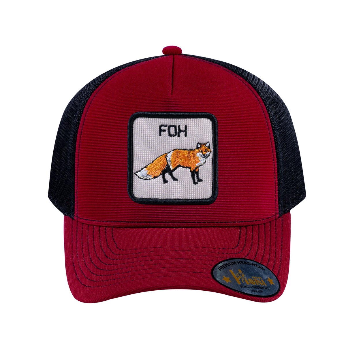 Unisex V2 Embroidered The Fox, 5-Panel Trucker Hat, Burgundy/Black, Adjustable Fit