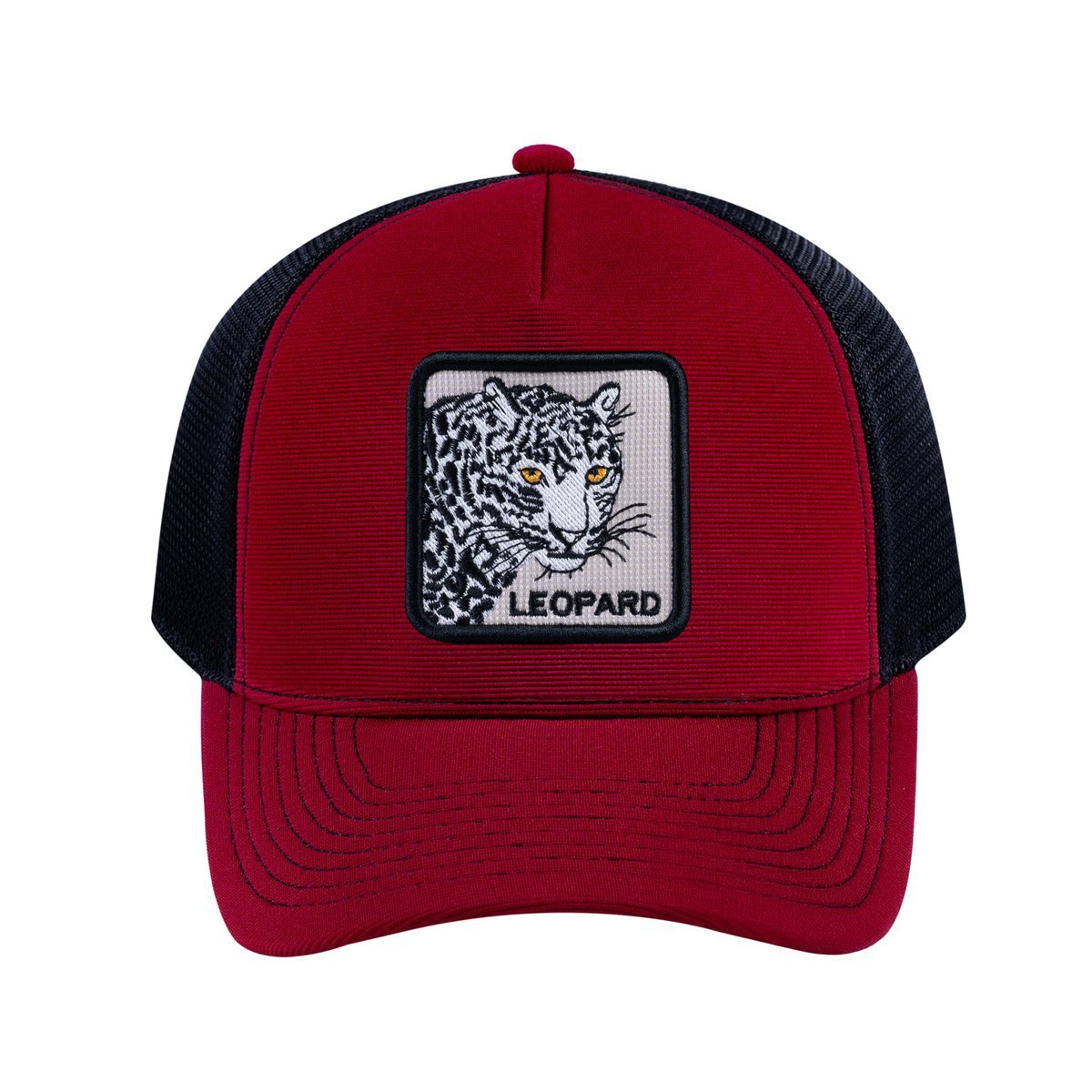 Unisex V2 Embroidered The Leopard, 5-Panel Trucker Hat, Burgundy/Black, Adjustable Fit
