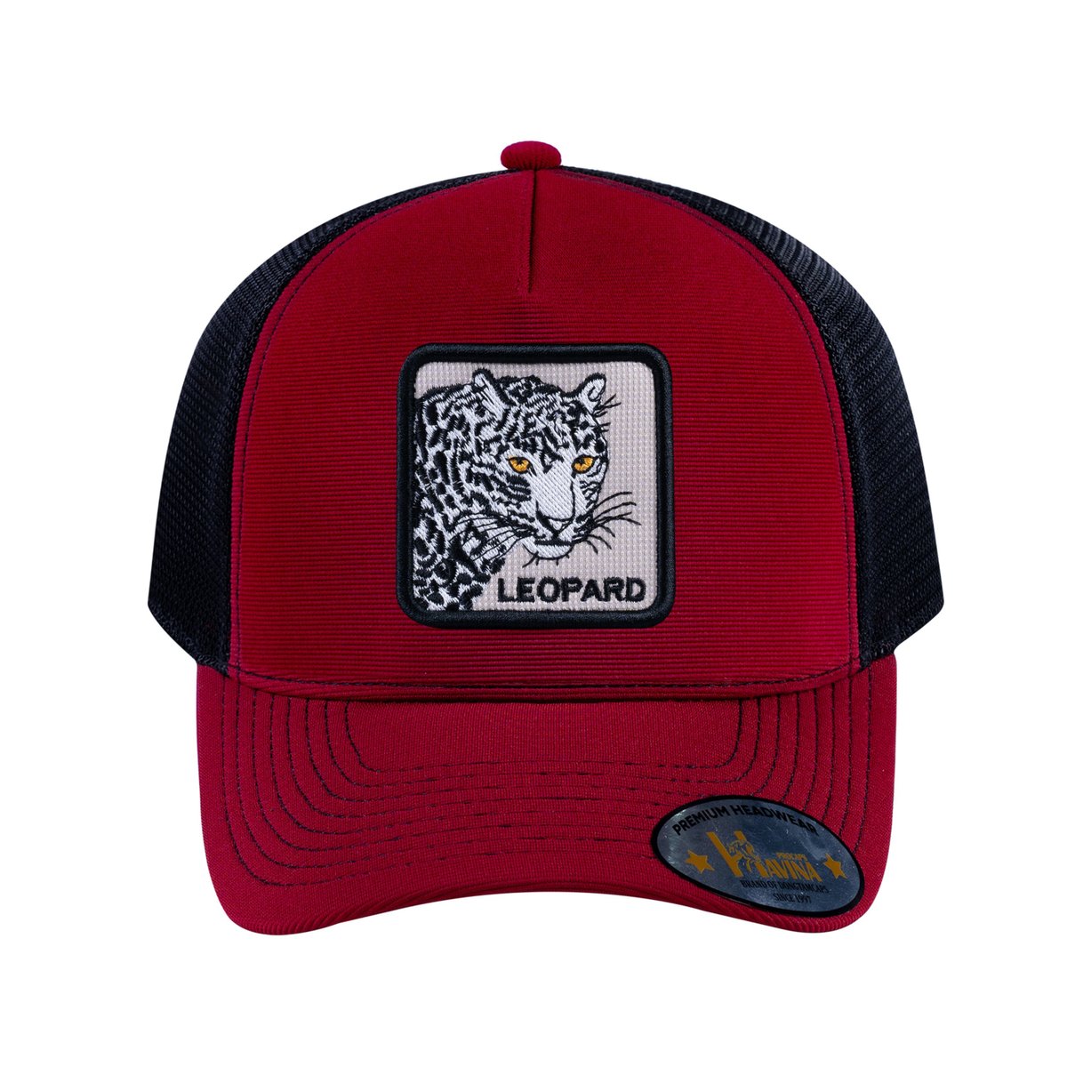 Unisex V2 Embroidered The Leopard, 5-Panel Trucker Hat, Burgundy/Black, Adjustable Fit