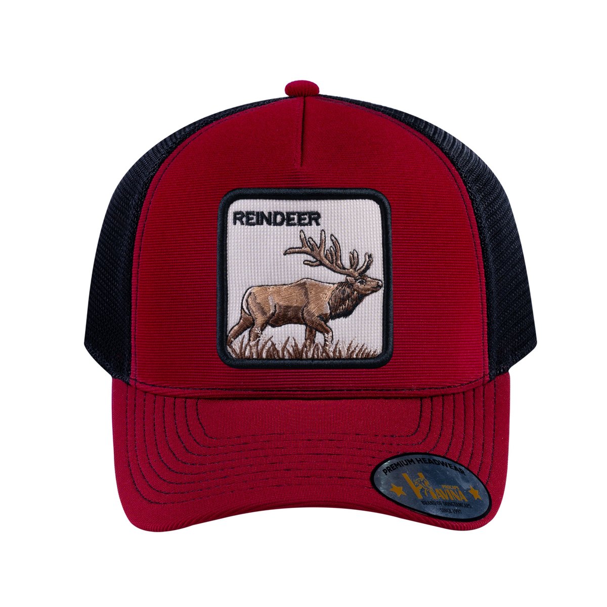 Unisex V2 Embroidered The Reindeer, 5-Panel Trucker Hat, Burgundy/Black, Adjustable Fit