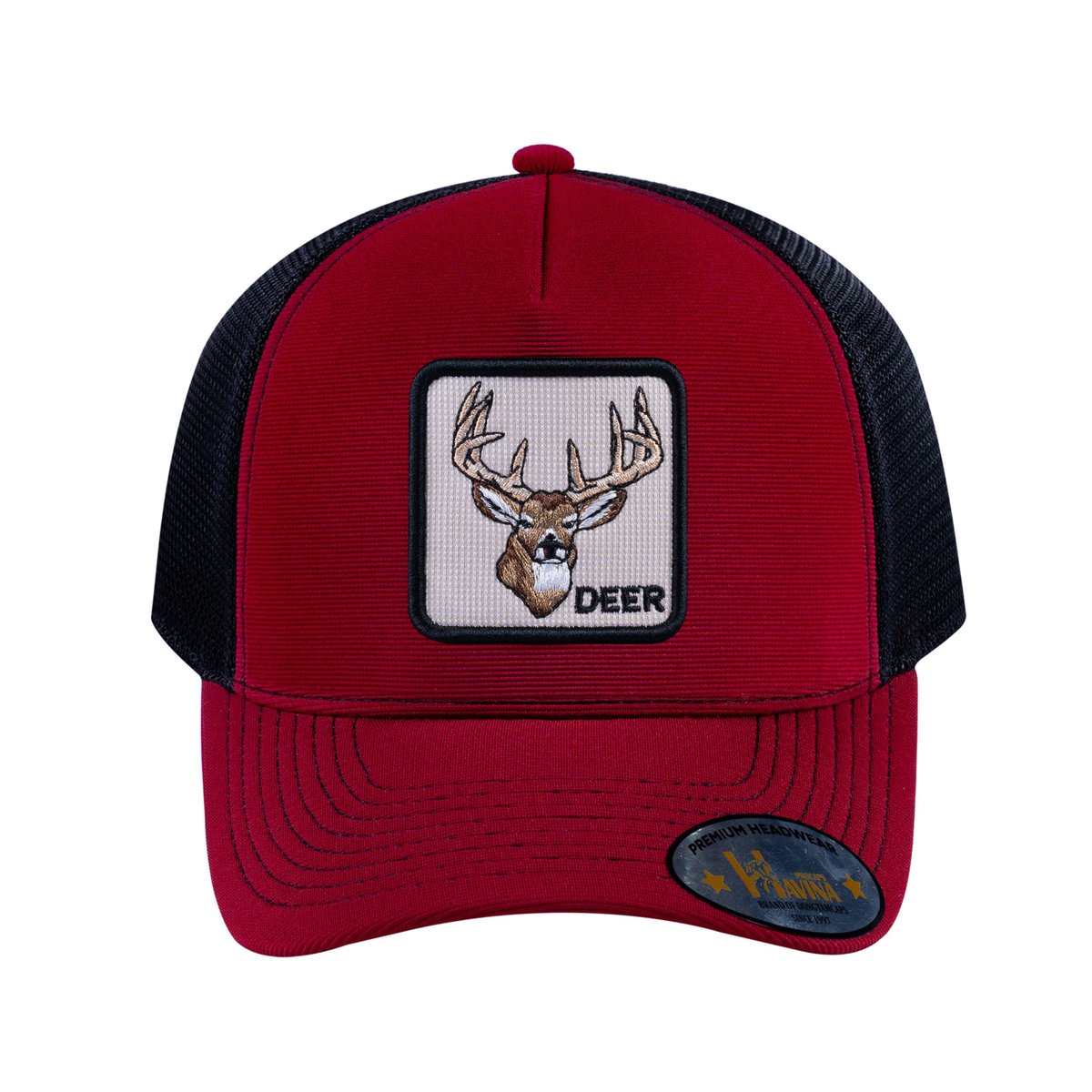 Unisex V2 Embroidered The Deer, 5-Panel Trucker Hat, Burgundy/Black, Adjustable Fit
