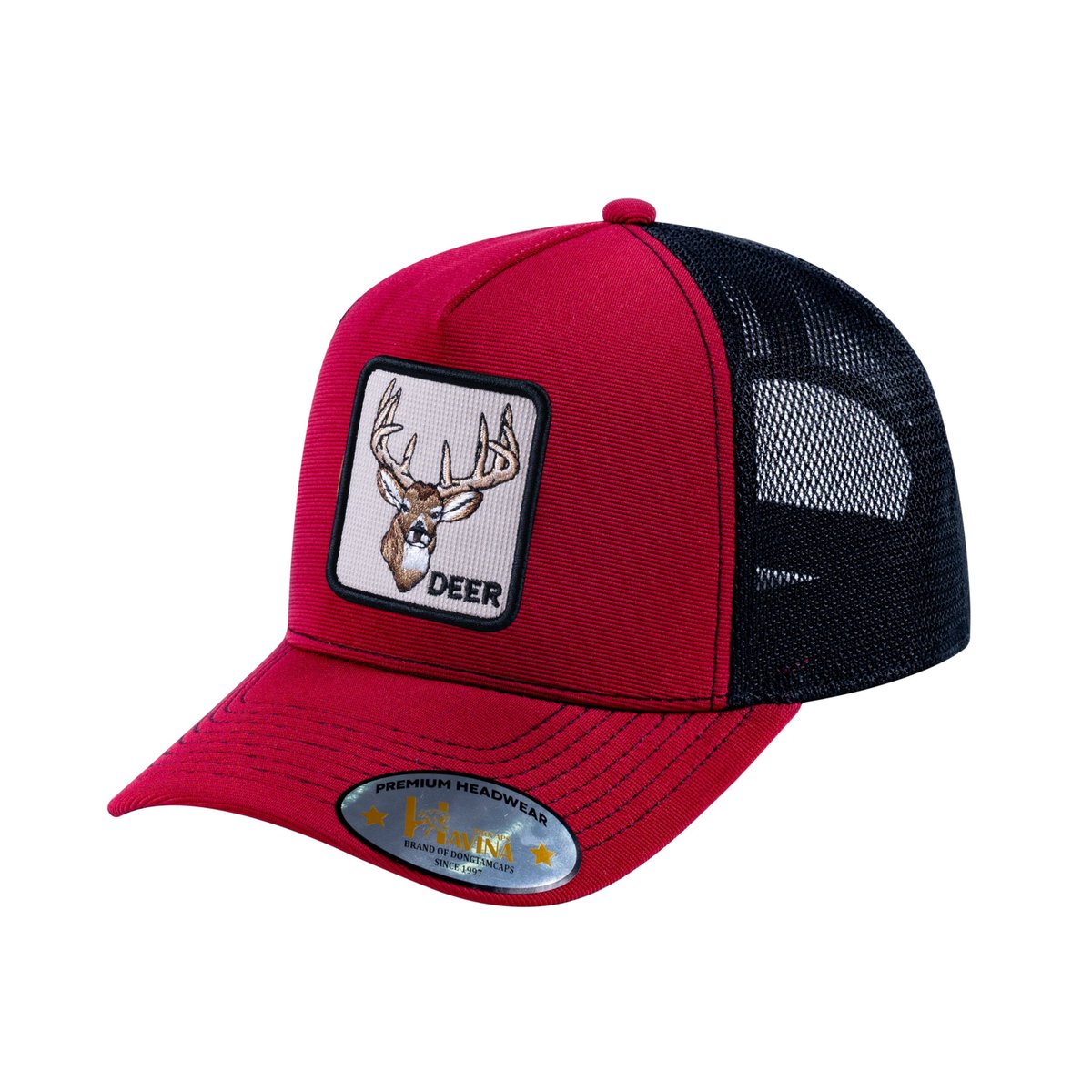 Unisex V2 Embroidered The Deer, 5-Panel Trucker Hat, Burgundy/Black, Adjustable Fit