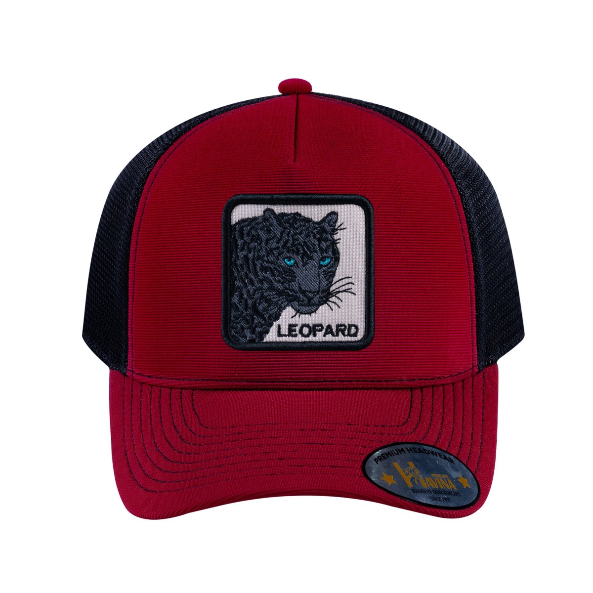 Unisex V2 Embroidered The Leopard V2, 5-Panel Trucker Hat, Burgundy/Black, Adjustable Fit