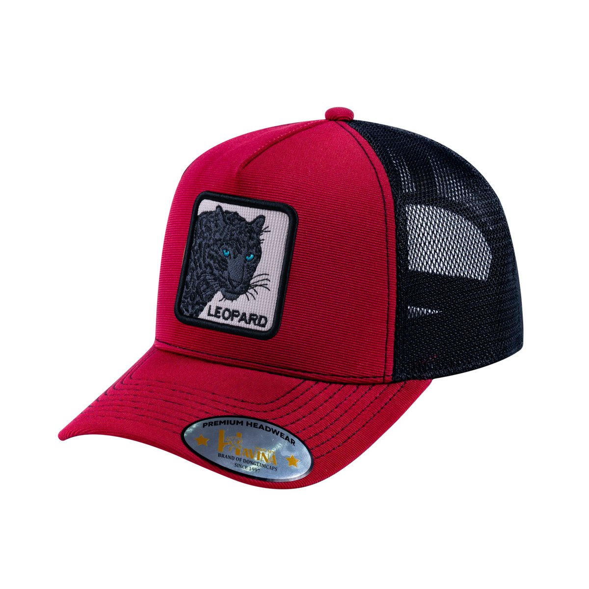 Unisex V2 Embroidered The Leopard V2, 5-Panel Trucker Hat, Burgundy/Black, Adjustable Fit