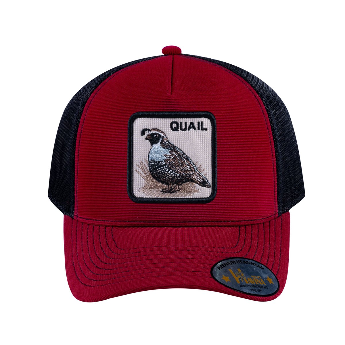 Unisex V2 Embroidered The Quail, 5-Panel Trucker Hat, Burgundy/Black, Adjustable Fit