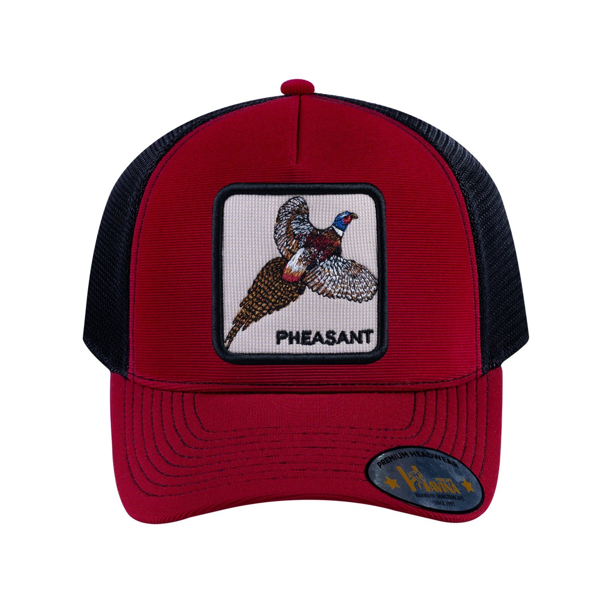 Unisex V2 Embroidered The Pheasant, 5-Panel Trucker Hat, Burgundy/Black, Adjustable Fit