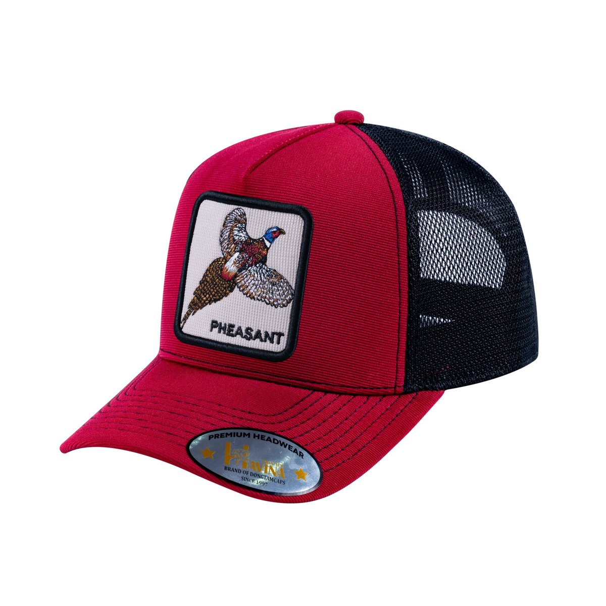 Unisex V2 Embroidered The Pheasant, 5-Panel Trucker Hat, Burgundy/Black, Adjustable Fit