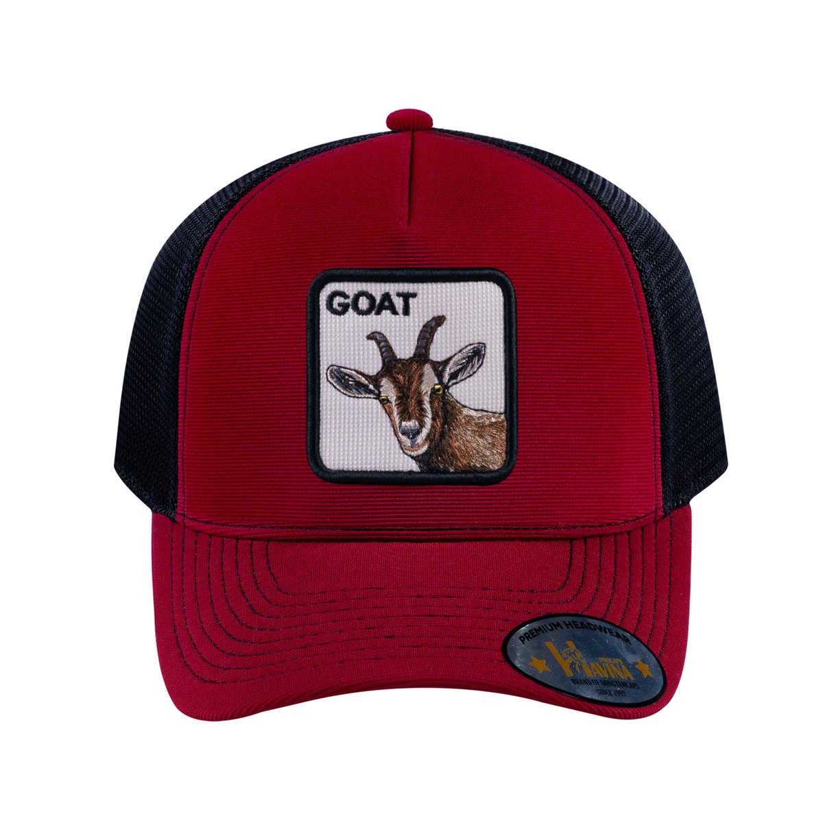 Unisex V2 Embroidered The Goat, 5-Panel Trucker Hat, Burgundy/Black, Adjustable Fit