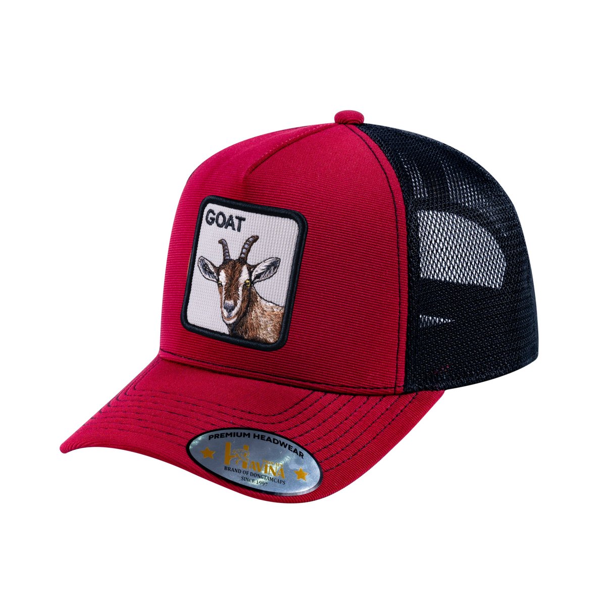 Unisex V2 Embroidered The Goat, 5-Panel Trucker Hat, Burgundy/Black, Adjustable Fit