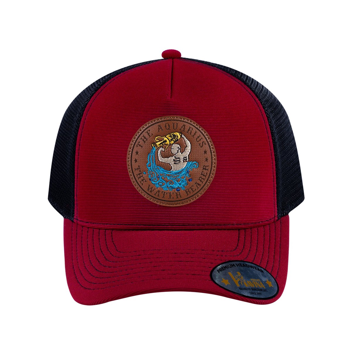 Unisex V2 Embroidered And Laser-Engraved Aquarius Zodiac (January 20, February 18), 5-Panel Trucker Hat, Burgundy/Black, Adjustable Fit