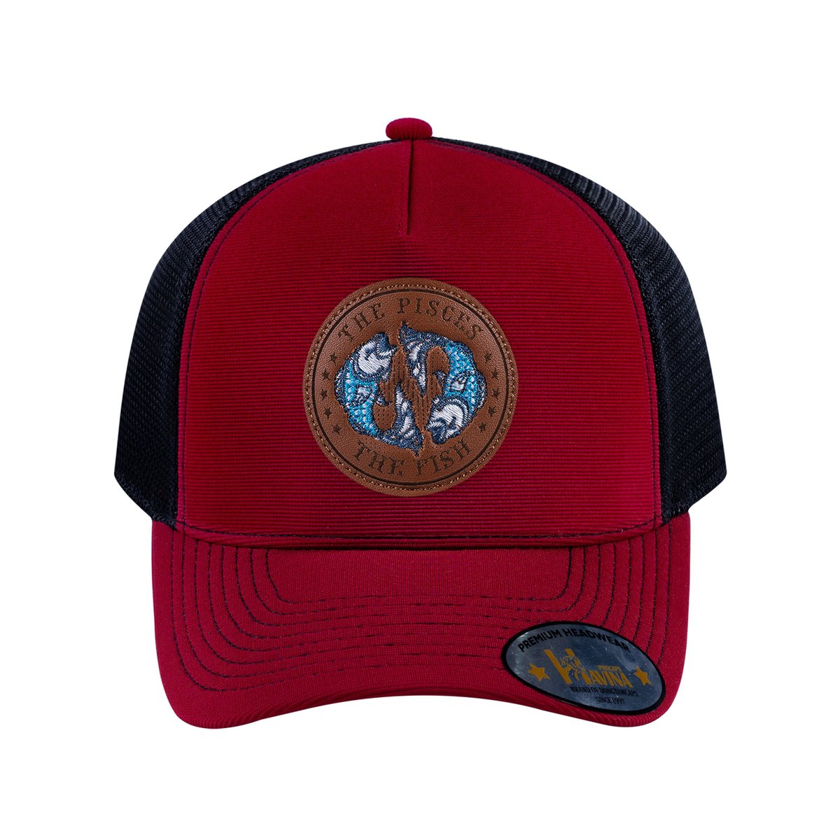 Unisex V2 Embroidered And Laser-Engraved Pisces Zodiac (February 19, March 20), 5-Panel Trucker Hat, Burgundy/Black, Adjustable Fit