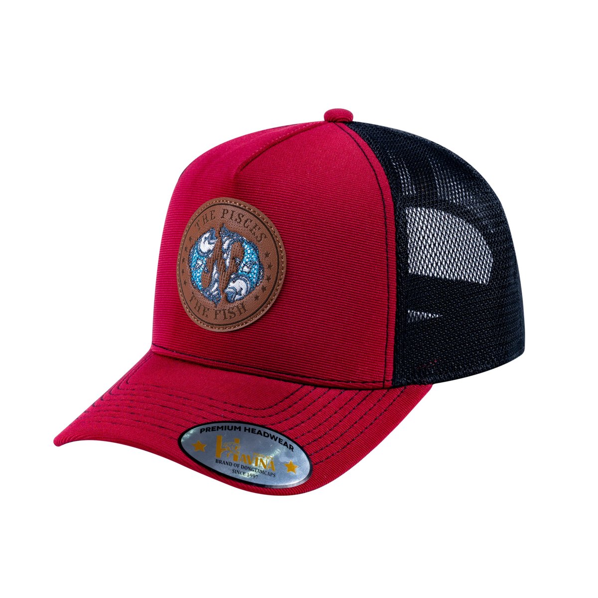 Unisex V2 Embroidered And Laser-Engraved Pisces Zodiac (February 19, March 20), 5-Panel Trucker Hat, Burgundy/Black, Adjustable Fit