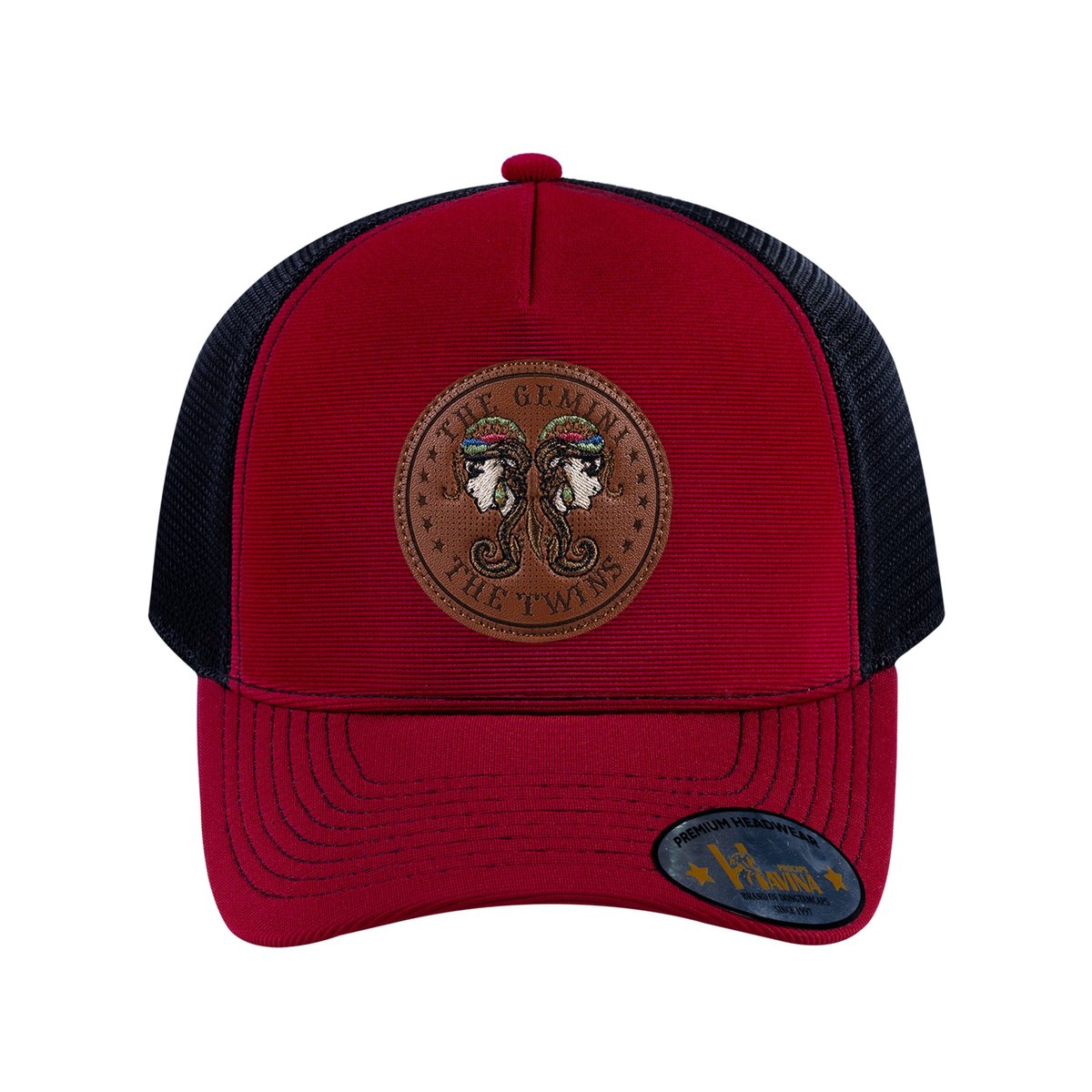Unisex V2 Embroidered And Laser-Engraved Gemini Zodiac (May 21, June 20), 5-Panel Trucker Hat, Burgundy/Black, Adjustable Fit