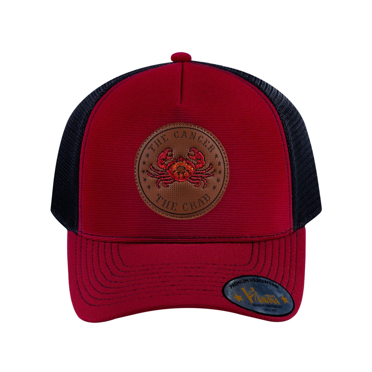 Unisex V2 Embroidered And Laser-Engraved Cancer Zodiac (June 21, July 22), 5-Panel Trucker Hat, Burgundy/Black, Adjustable Fit