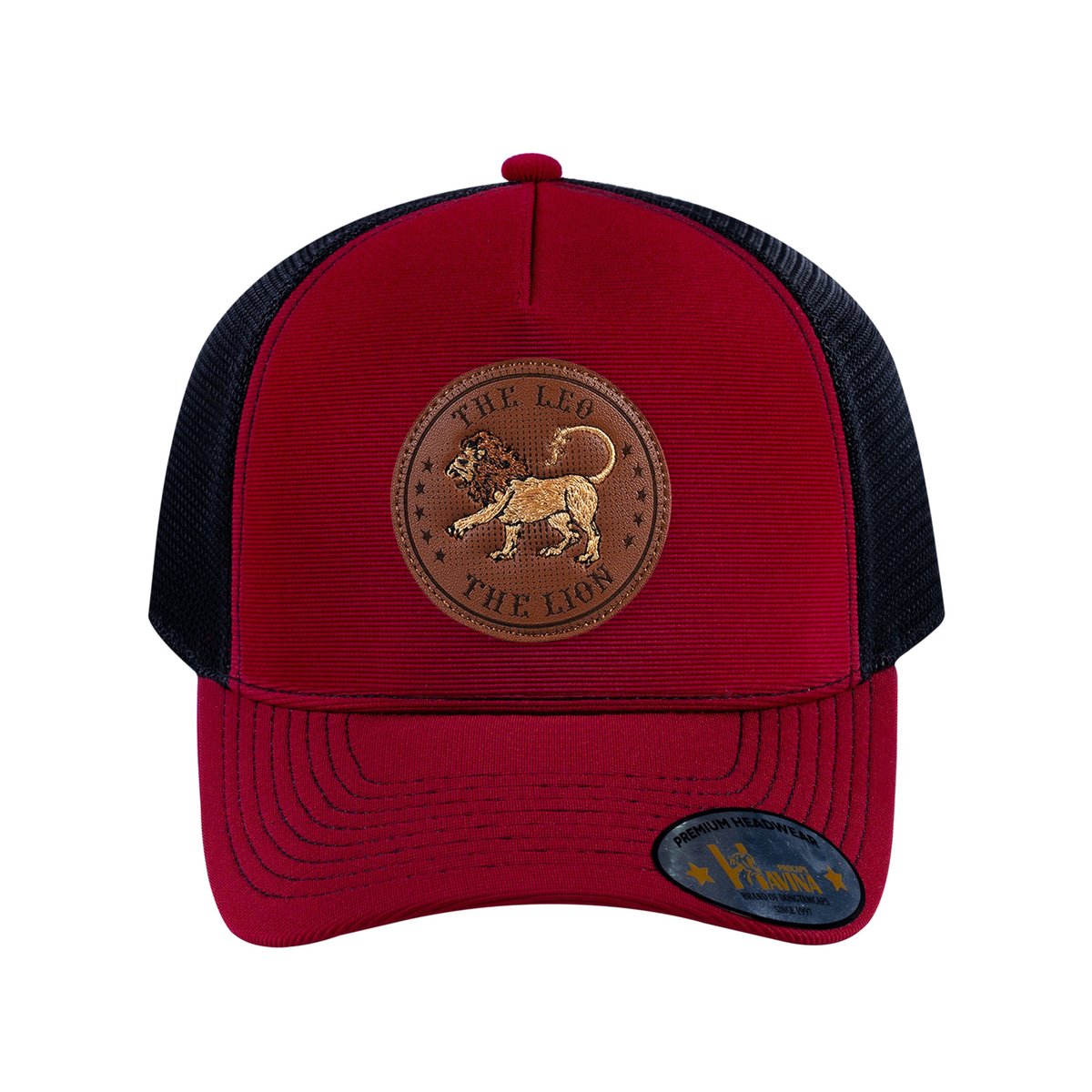 Unisex V2 Embroidered And Laser-Engraved Leo Zodiac (July 23, August 22), 5-Panel Trucker Hat, Burgundy/Black, Adjustable Fit