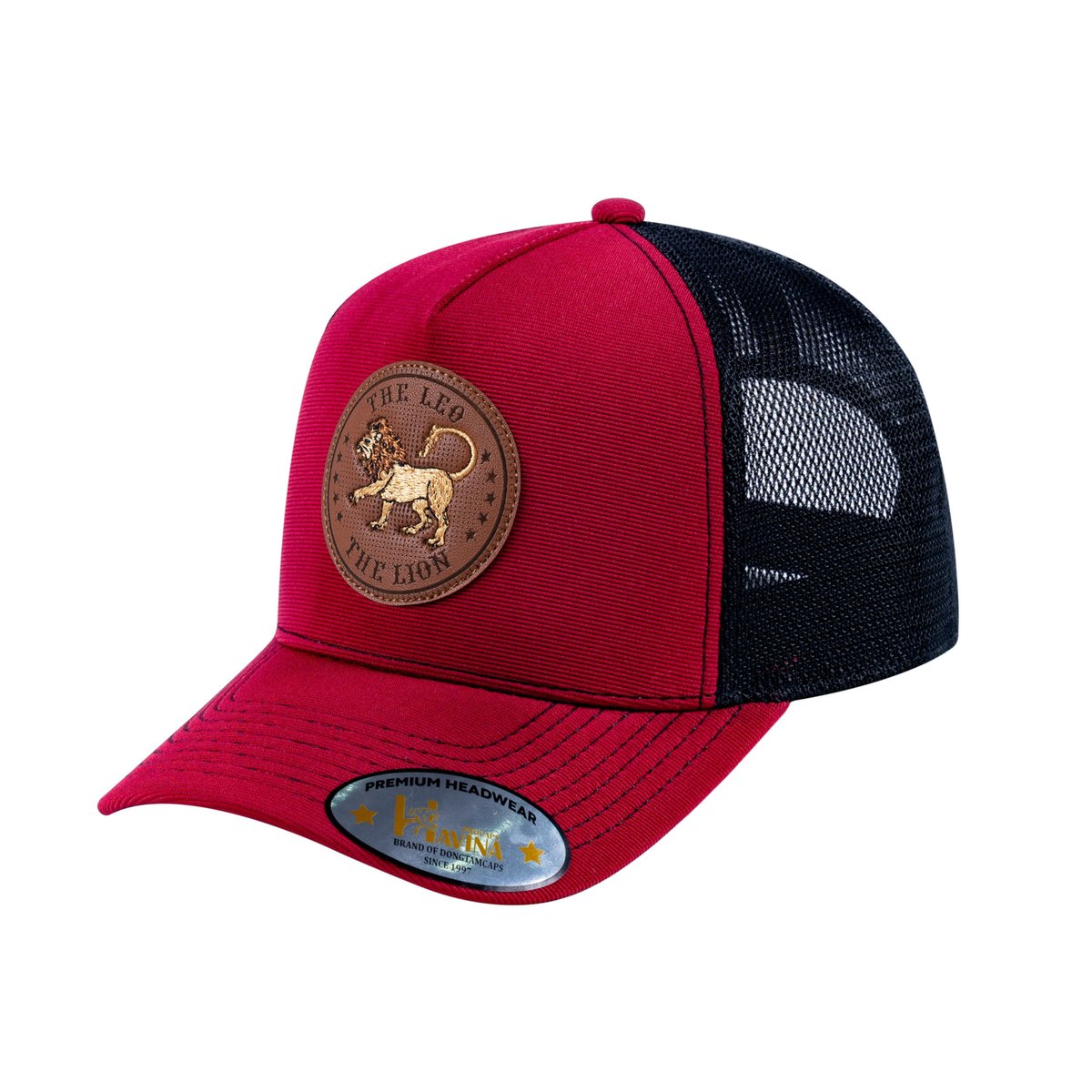 Unisex V2 Embroidered And Laser-Engraved Leo Zodiac (July 23, August 22), 5-Panel Trucker Hat, Burgundy/Black, Adjustable Fit