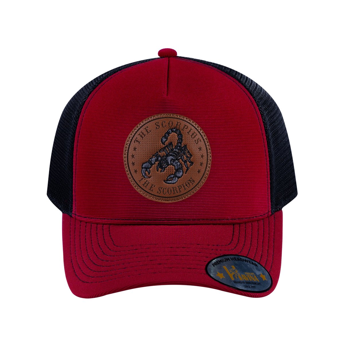Unisex V2 Embroidered And Laser-Engraved Scorpius Zodiac (October 23, November 21), 5-Panel Trucker Hat, Burgundy/Black, Adjustable Fit
