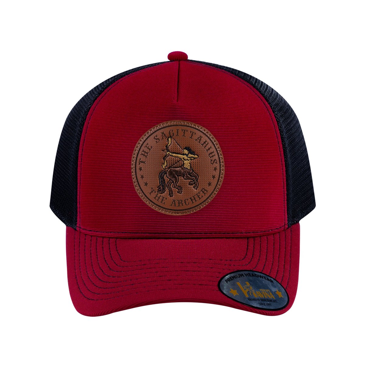 Unisex V2 Embroidered And Laser-Engraved Sagittarius Zodiac (November 22, December 21), 5-Panel Trucker Hat, Burgundy/Black, Adjustable Fit